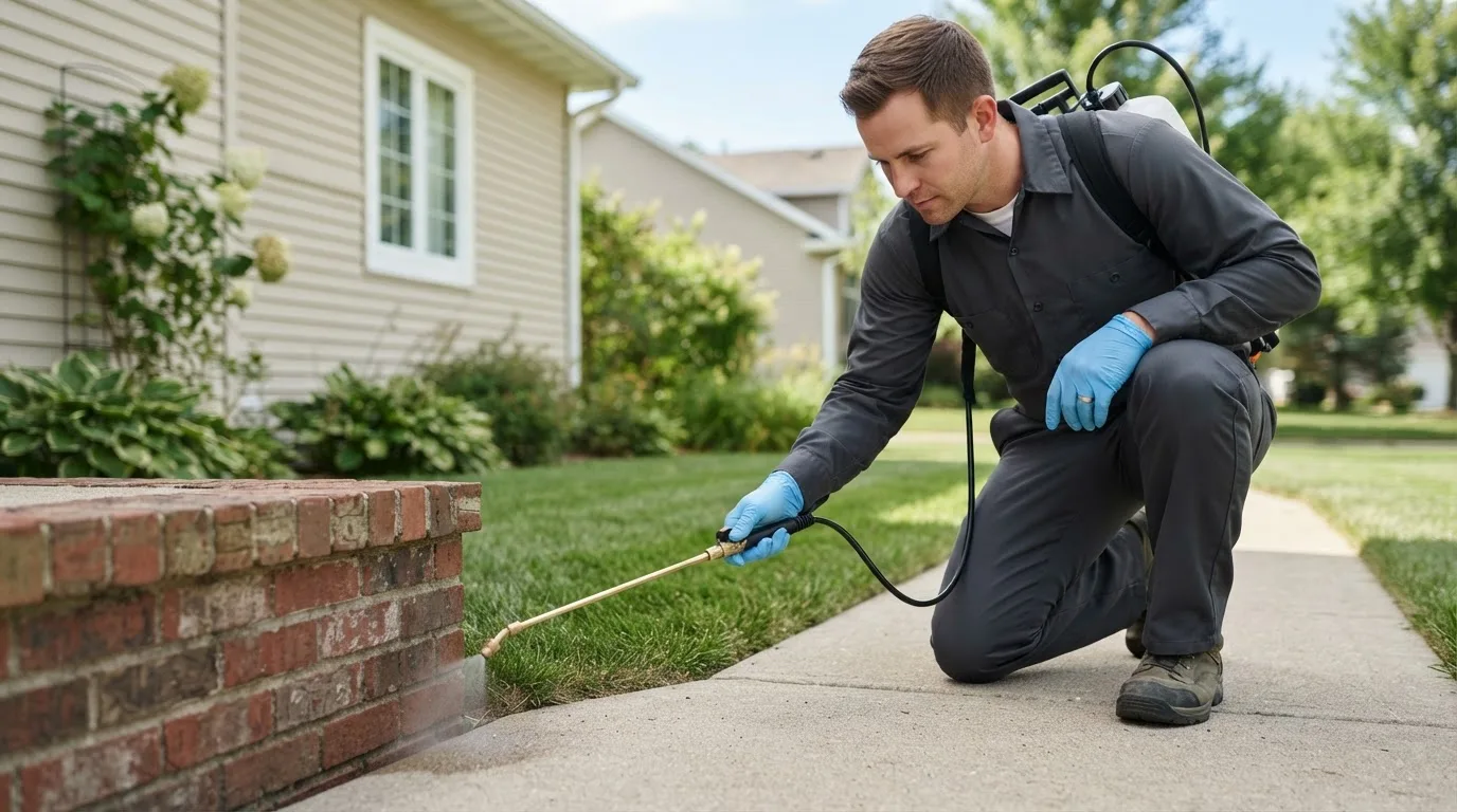 Pest control technician treating a home near South Bristol, ME